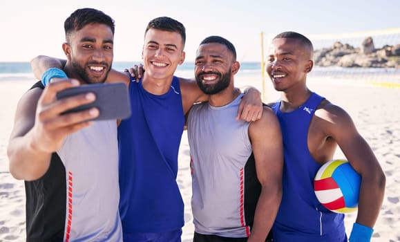 Volleyball, smile or team selfie at beach with support in sports training, exercise or fitness workout. Sea, teamwork or happy men on mobile app for a social media picture or group photo after game.