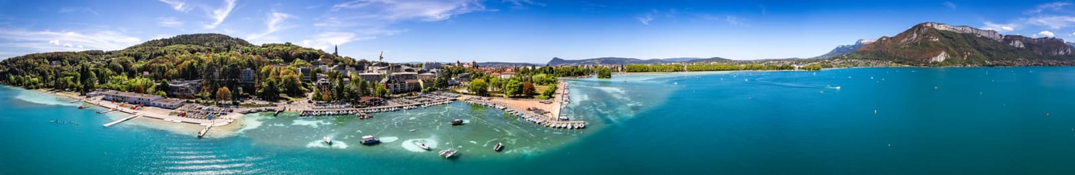 Aerial view of Annecy city Centre, gardens of Europe or jardins de l europe, in Haute Savoie, France, Europe