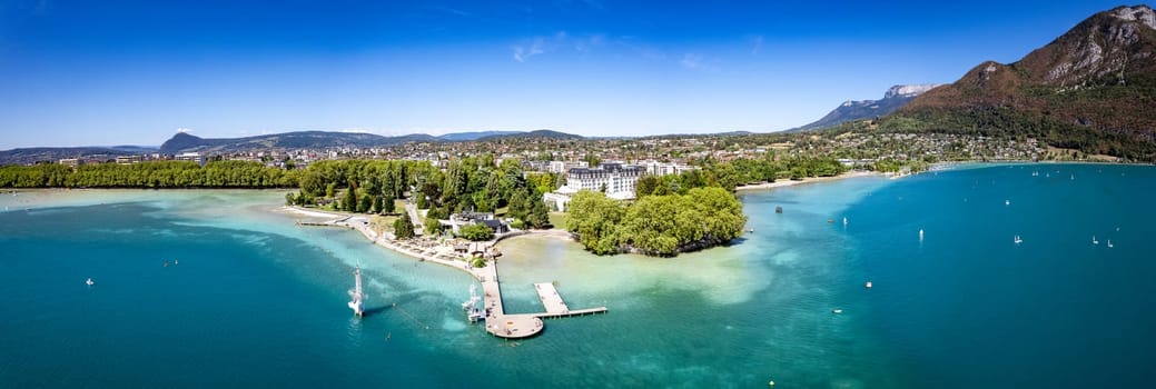 Aerial view of Annecy city Centre, plage de l imperial or imperial beach in Haute Savoie, France, Europe