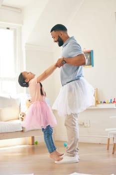 Ballet dance, father and happy kid play pretend game, learning routine steps and enjoy home fun, support and bond. Holding hands, Halloween fantasy costume and ballerina child and family dad playing.