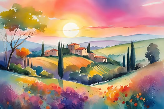 Tuscany landscape with sun, hills and village. Vector illustration. Tuscany landscape at sunset. Italy, Europe.