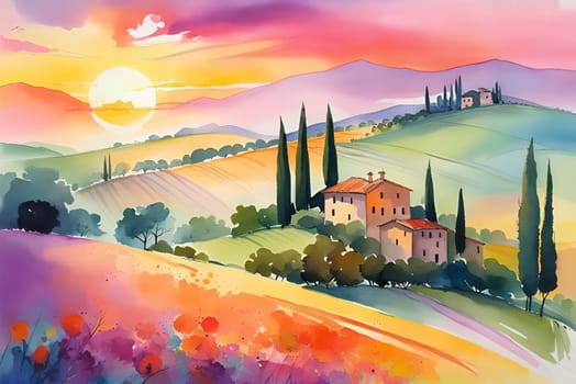 Tuscany landscape with sun, hills and village. Vector illustration. Tuscany landscape at sunset. Italy, Europe.