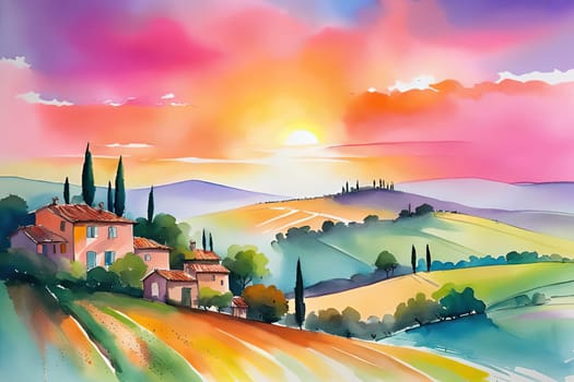 Tuscany landscape with sun, hills and village. Vector illustration. Tuscany landscape at sunset. Italy, Europe.