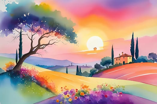 Tuscany landscape with sun, hills and village. Vector illustration. Tuscany landscape at sunset. Italy, Europe.