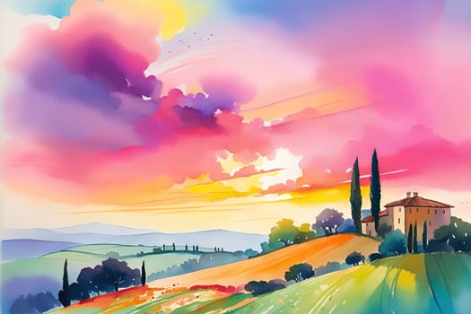 Tuscany landscape with sun, hills and village. Vector illustration. Tuscany landscape at sunset. Italy, Europe.