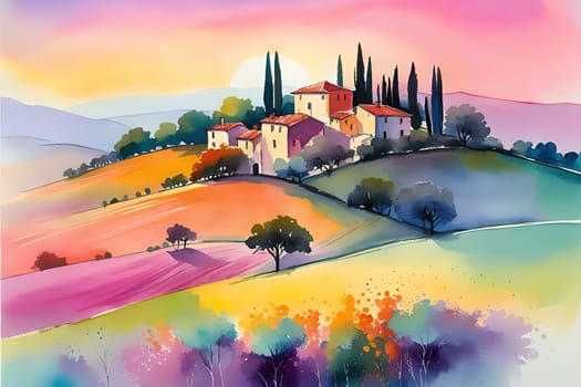 Tuscany landscape with sun, hills and village. Vector illustration. Tuscany landscape at sunset. Italy, Europe.