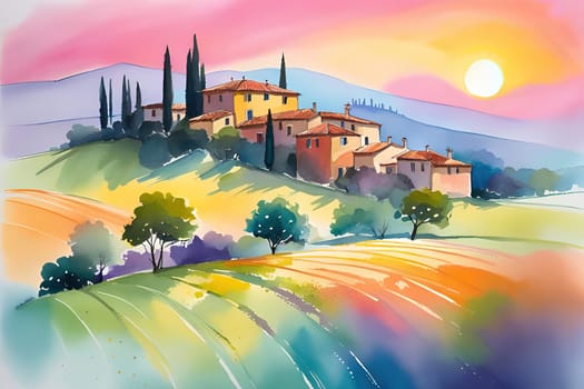 Tuscany landscape with sun, hills and village. Vector illustration. Tuscany landscape at sunset. Italy, Europe.