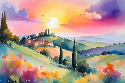 Tuscany landscape with sun, hills and village. Vector illustration. Tuscany landscape at sunset. Italy, Europe.