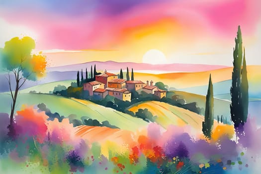 Tuscany landscape with sun, hills and village. Vector illustration. Tuscany landscape at sunset. Italy, Europe.