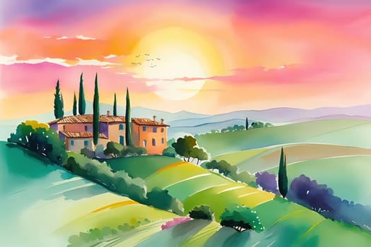 Tuscany landscape with sun, hills and village. Vector illustration. Tuscany landscape at sunset. Italy, Europe.