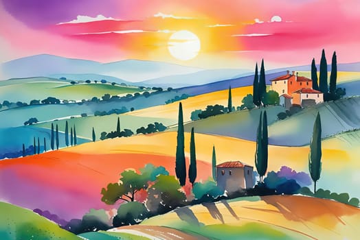 Tuscany landscape with sun, hills and village. Vector illustration. Tuscany landscape at sunset. Italy, Europe.