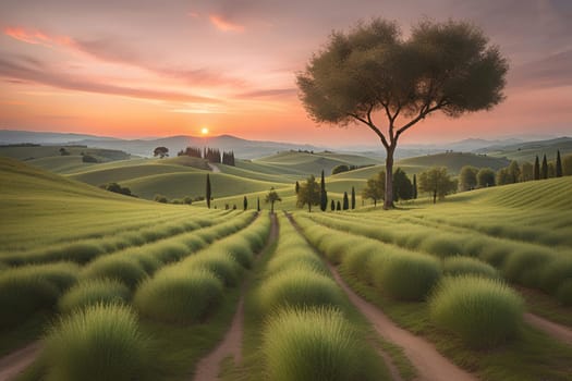 Tuscany landscape with sun, hills and village. Vector illustration. Tuscany landscape at sunset. Italy, Europe.