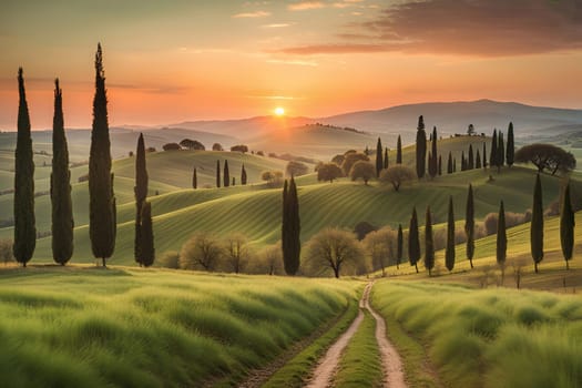 Tuscany landscape with sun, hills and village. Vector illustration. Tuscany landscape at sunset. Italy, Europe.