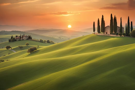 Tuscany landscape with sun, hills and village. Vector illustration. Tuscany landscape at sunset. Italy, Europe.