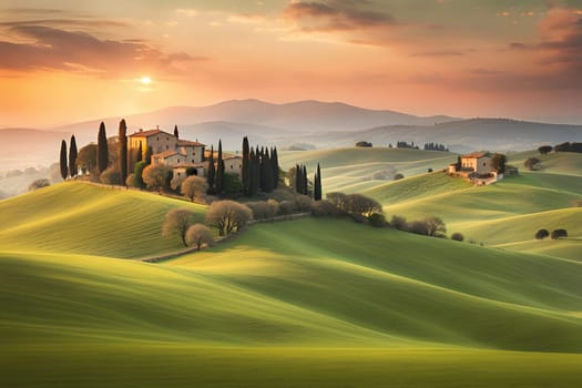 Tuscany landscape with sun, hills and village. Vector illustration. Tuscany landscape at sunset. Italy, Europe.