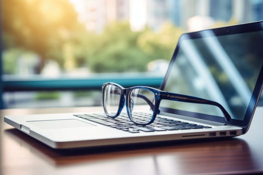 Side view of laptop with glasses on keyboard on wooden tabletop, blurred background.