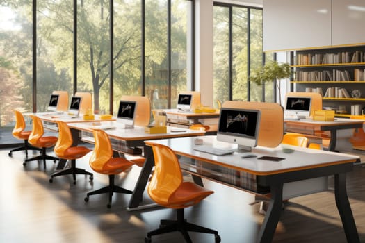 Separate workstations in one large office. A bright room with large windows, tables and comfortable chairs.