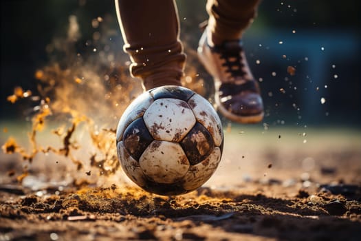 Soccer player feet kicking ball on dirty field. Professional sport soccer concept. AI generated