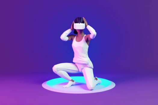 background woman three-dimensional connect young virtual glasses game innovation digital neon metaverse reality vr render character 3d sport cyber blue happy future. Generative AI.