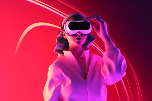 woman 3d freedom digital virtual metaverse smart yoga person innovation vr glasses reality game blue three-dimensional neon young creative sport purple. Generative AI.