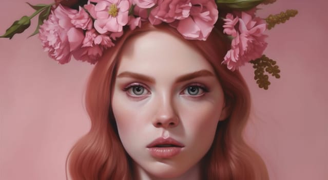 woman hair flower glamour make-up vintage summer floral model art beauty peony rose drawing girl face trendy leaf fashion plant lady. Generative AI.