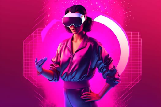 woman blue smart virtual metaverse character glasses floating vr black freedom 3d game render science neon innovation digital sport reality fly gadget. Generative AI.