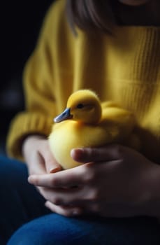 chick duck soft portrait spring farm girl hand small nature yellow child baby duckling holding close-up animal little happiness bird. Generative AI.