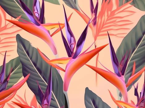 palm trendy colorful orange vintage pink green jungle spring tropical design abstract beauty pattern beach background seamless exotic flower leaf. Generative AI.
