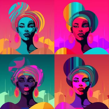 afro woman cartoon glamour rainbow black lip graphic colours hair colourful face art fashion beauty goggles style paint illustration eye decoration. Generative AI.