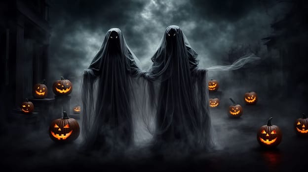 Spooky Halloween Ghost In Spooky dark Night. Holiday event halloween background concept for Halloweens card and content multimedia creation