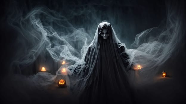 Spooky Halloween Ghost In Spooky dark Night. Holiday event halloween background concept for Halloweens card and content multimedia creation