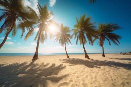 scenic tranquil exotic sunrise seascape cloud sky sea vacation sand sunset paradise beach sun orange palm landscape island vintage ocean. Generative AI.