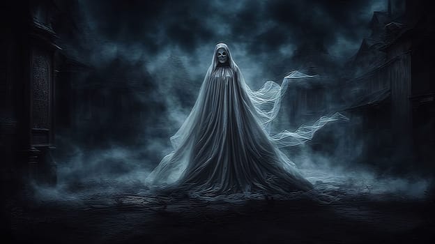 Spooky Halloween Ghost In Spooky dark Night. Holiday event halloween background concept for Halloweens card and content multimedia creation