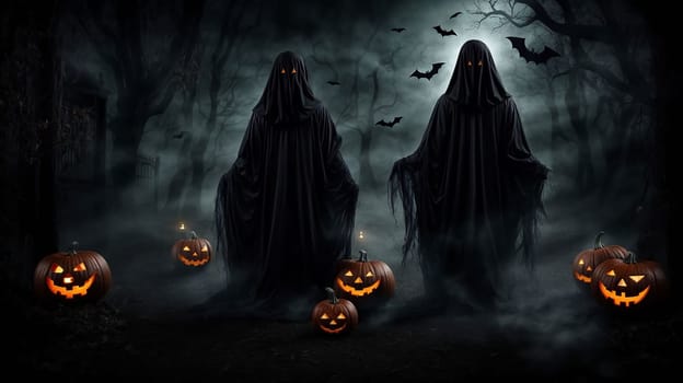 Spooky Halloween Ghost In Spooky dark Night. Holiday event halloween background concept for Halloweens card and content multimedia creation