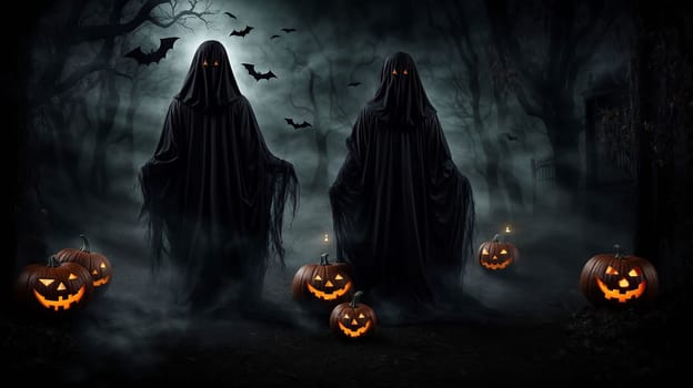 Spooky Halloween Ghost In Spooky dark Night. Holiday event halloween background concept for Halloweens card and content multimedia creation