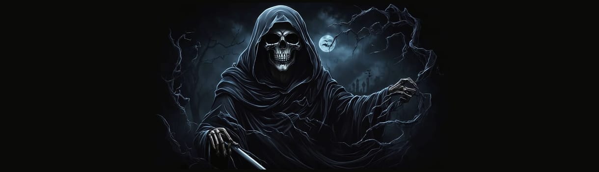 Grim reaper Haunted over dark misty background with copy space Vivid Halloween wallpaper background good for Halloweens card and invitation