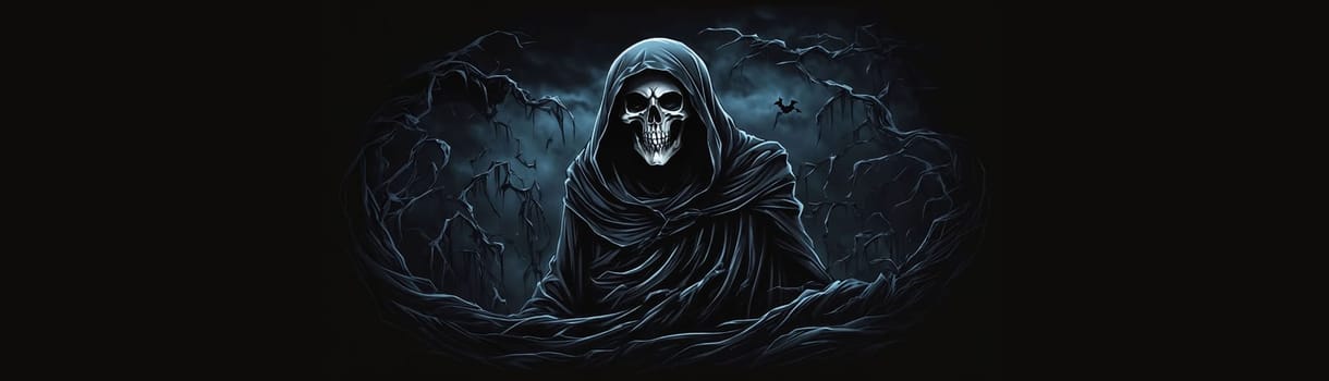 Grim reaper Haunted over dark misty background with copy space Vivid Halloween wallpaper background good for Halloweens card and invitation