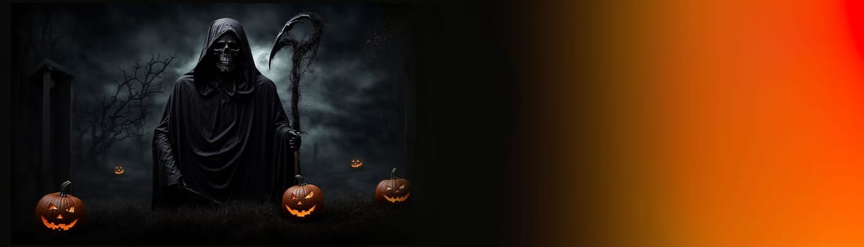 Grim reaper Haunted over dark misty background with copy space Vivid Halloween wallpaper background good for Halloweens card and invitation