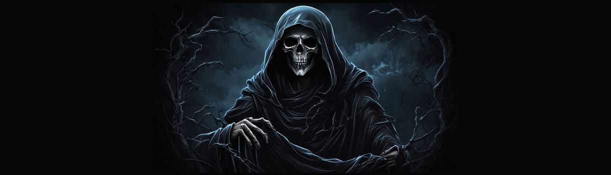 Grim reaper Haunted over dark misty background with copy space Vivid Halloween wallpaper background good for Halloweens card and invitation