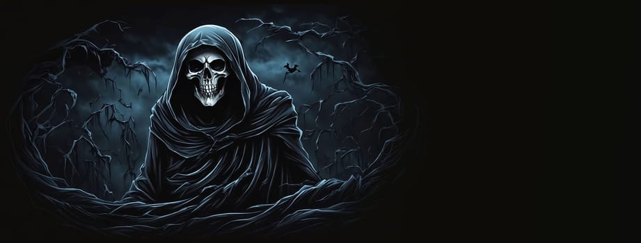 Grim reaper Haunted over dark misty background with copy space Vivid Halloween wallpaper background good for Halloweens card and invitation