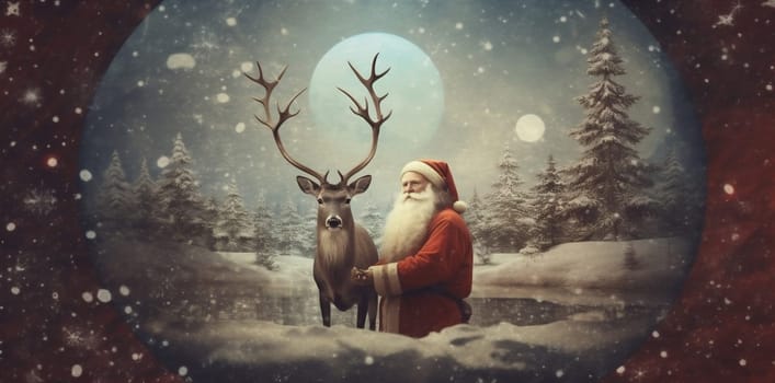 sleigh holiday retro season gift claus postcard santa new vintage card reindeer christmas eve greeting illustration design snow happy snowy. Generative AI.