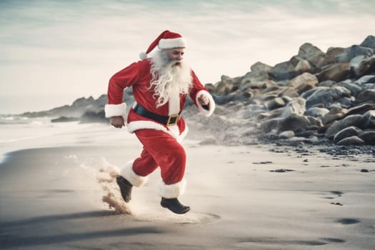 beach travel december island holiday winter claus summer destination wave vacation shore water santa concept hat sea surfing hot christmas. Generative AI.