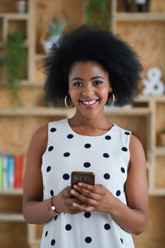 Social media, email and portrait of a black woman with a phone for communication and chat. Connection, network and African employee on a mobile app for conversation, news and typing messages.