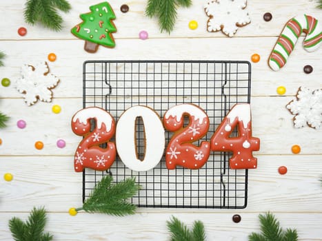 The numbers 2024 from gingerbread. New Year's background. Christmas dessert. High quality photo