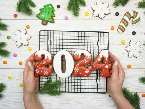 The numbers 2024 from gingerbread. New Year's background. Christmas dessert. High quality photo