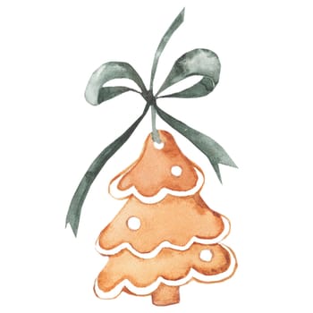 Watercolor illustration of gingerbread in the form of a Christmas tree. Baking isolate on a white background. For designing holiday cards and invitations.