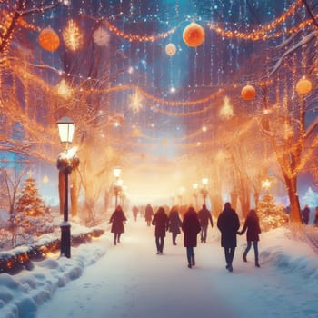 A snow-covered park with people walking under bright New Year's lights and garlands, conveying a festive atmosphere, joy, comfort and warmth. Bright, rich colors and balanced composition. Free space for text.