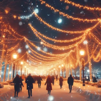 A snow-covered park with people walking under bright New Year's lights and garlands, conveying a festive atmosphere, joy, comfort and warmth. Bright, rich colors and balanced composition. Free space for text.