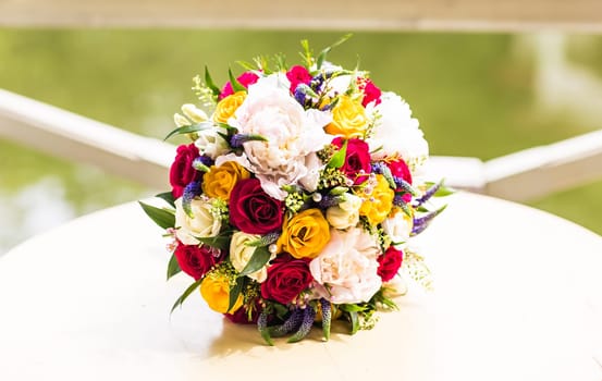 Wedding bouquet close-up. Bridal fresh bouquet, wedding flowers