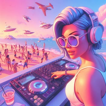 woman dj , wearing glasses earphone hosting dj set at crowded beach party in tropical island sunset ai generative art